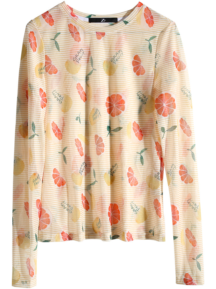 Kawaii Japanese bottoming t-shirt pinstripe high stretch mesh printing long sleeves