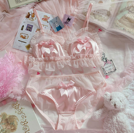 Sexy bow pink bra set