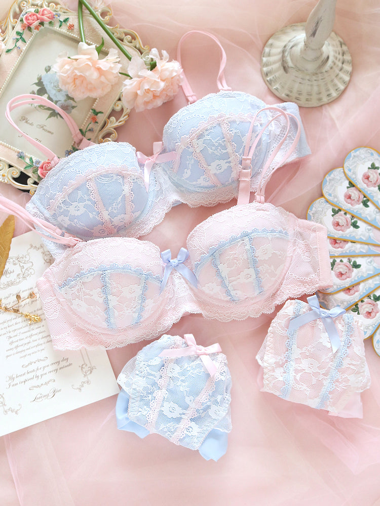 Japanese sweet and cute lace girl heart small fresh and thin bra set with steel ring gathered