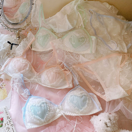 Sofyee  Japanese Sweet And Sexy Love Mesh Lace No Steel Ring Triangle Cup Bra Set