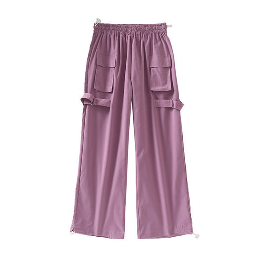 Street drawstring leggings slimming multi-pocket elastic slimming purple overalls casual pants