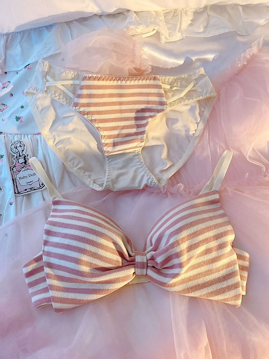 Sofyee Japanese Soft Girl Cute Pink Striped Bow No Steel Ring Bra Set 