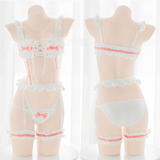Cute hollow bondage one-piece sweet girl pink ribbon wrapped chest sling underwear leg ring set