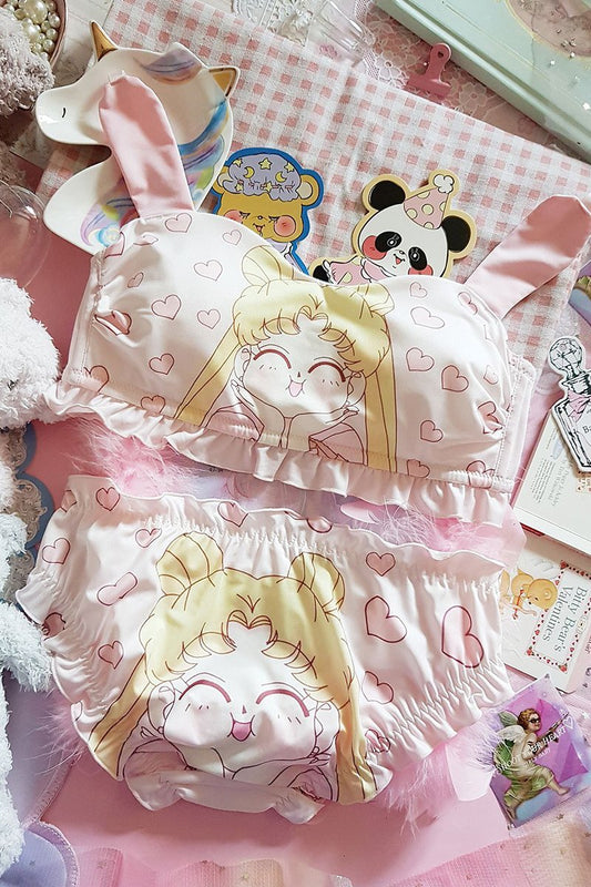 Japanisches weiches Mädchen Sailor Moon süßes rosa Häschenohren-Röhrenoberteil-Stil ohne Stahlring-BH-Set 