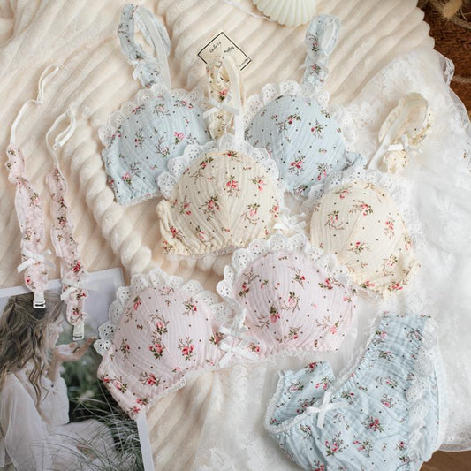 Japanese cute floral no steel ring triangle cup bra set
