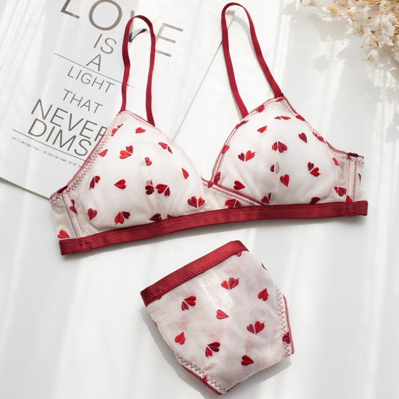 Embroidered love double-spinning translucent sexy ultra-thin soft cup bra set without steel ring