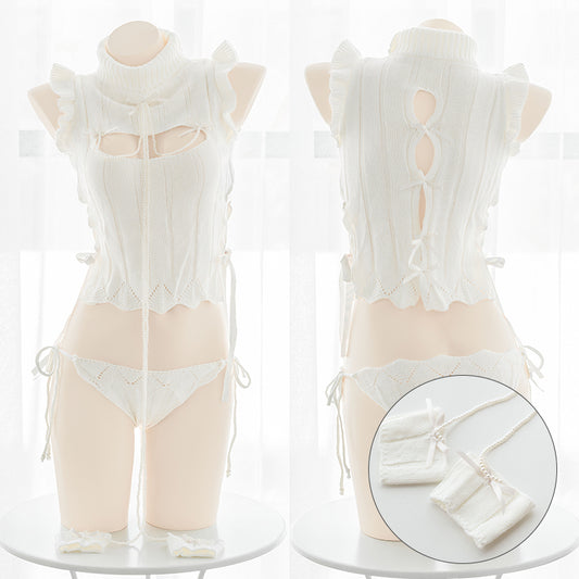 Anime Sexy Hollow Open Chest Small Turtleneck Pearl Girl Sweater Set
