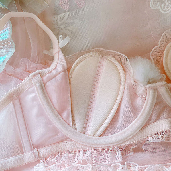 Sofyee Japanese Cute Pink Furball Rabbit Tail Plus Size Bra Set