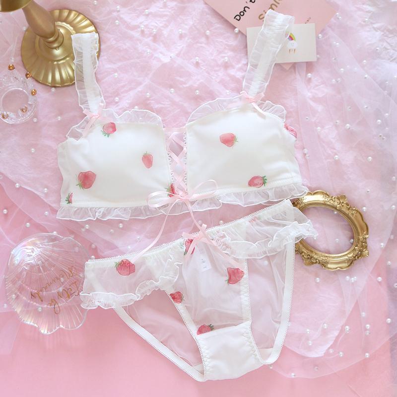 Kawaii Girly Strawberry Lace Up Tube Top Lingerie Set