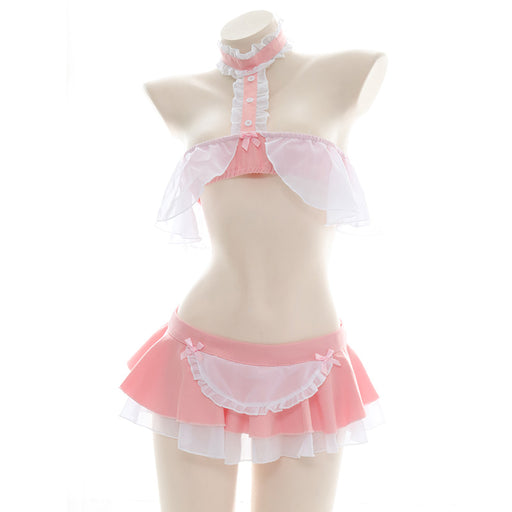 Ruffle Pink Anime Kawaii Japanese Choker Apron Maid Bikini Set