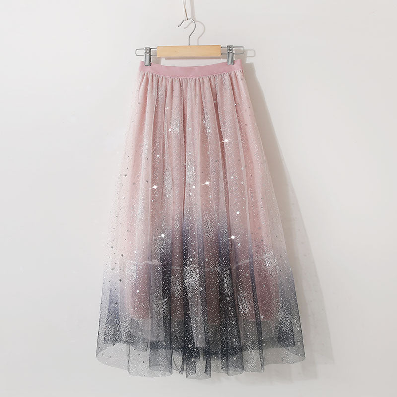 Starring Night Pastel Korean Ruffle Flower Ulzzang Long Skirt