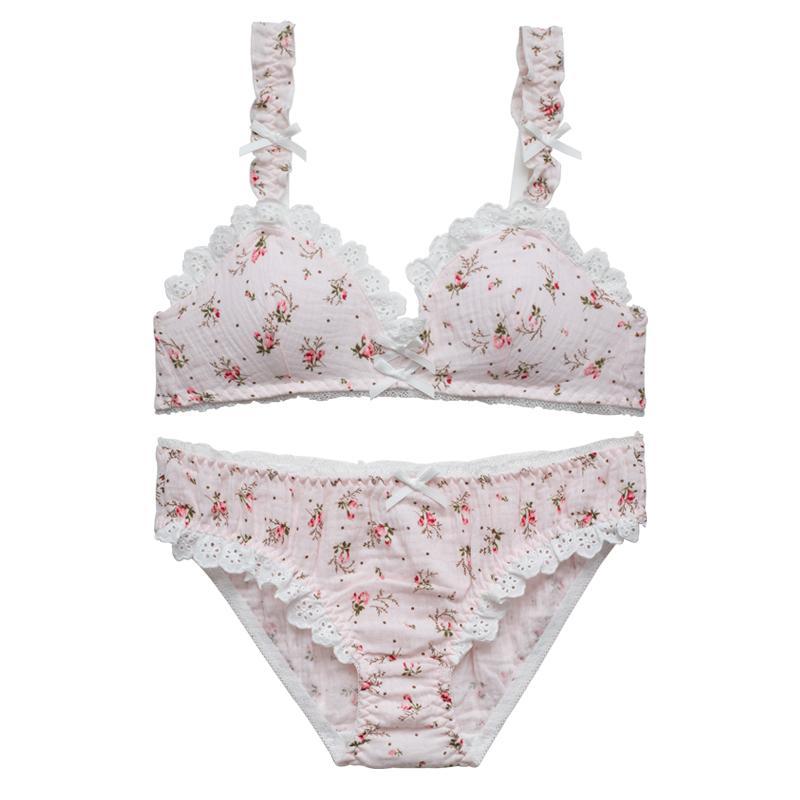 Japanese cute floral no steel ring triangle cup bra set – Sofyee