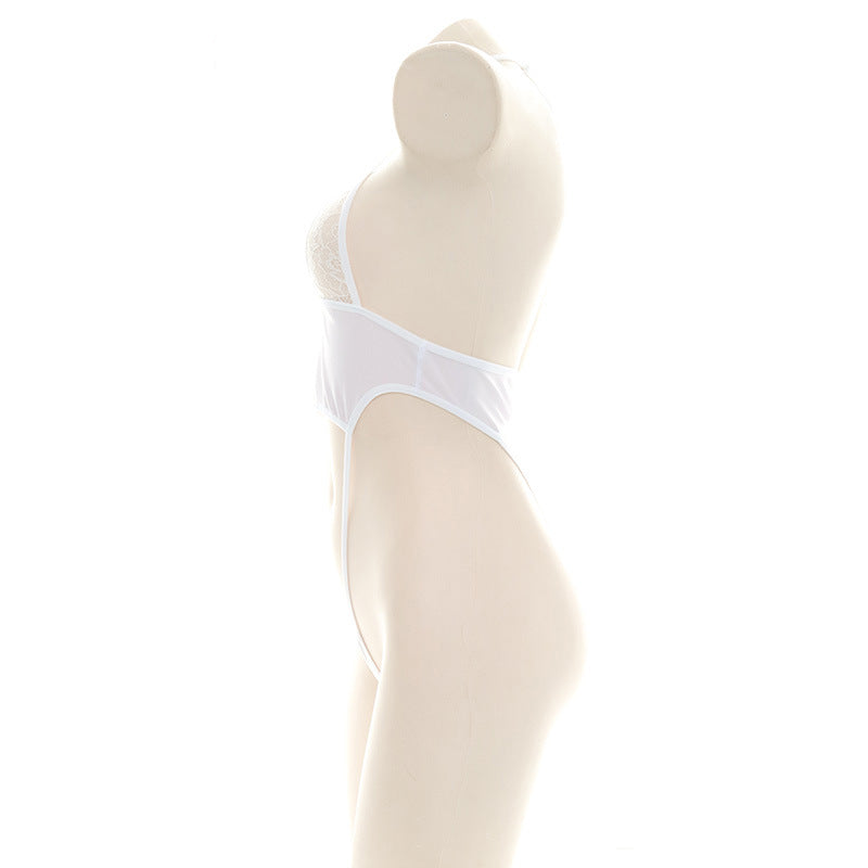Sofyee Sexy Schnür-Body aus weißem Netzstoff mit offenem Rücken 
