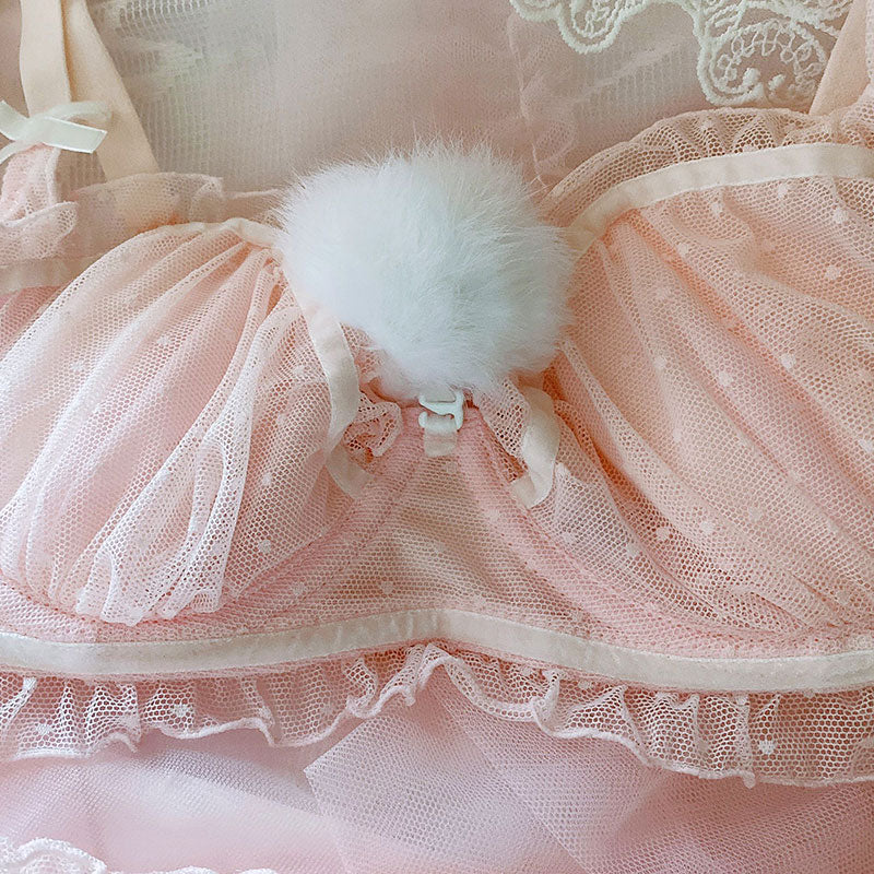 Japanese cute fur ball rabbit tail pink girl sexy lace ultra-thin steel ring suit
