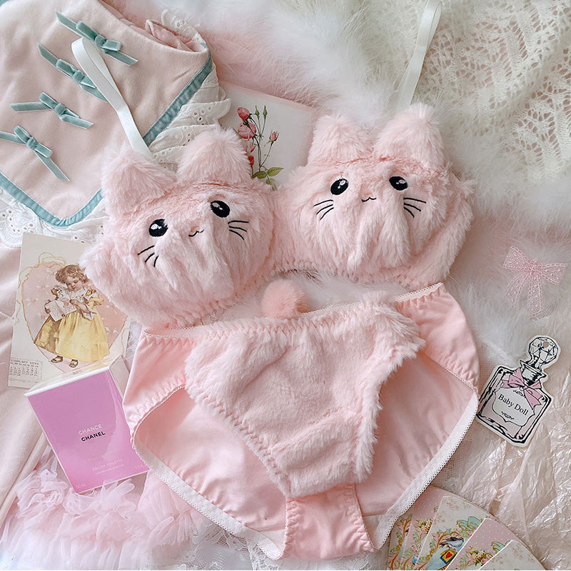 Japanese Cute Pink Plush Cat Embroidery No Steel Ring Bra Set