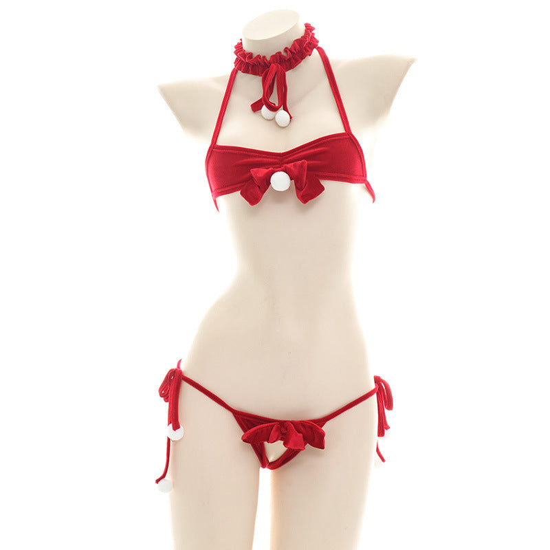 Sexy kawaii Lingerie Anime Heart Christmas Pom Pom  Shimapan Bows Bikini Set