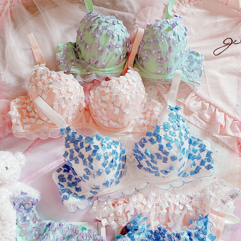Japanese embroidered bowknot mesh bra set with steel ring