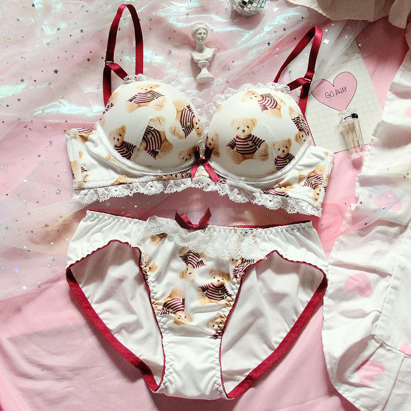 Japanese cute soft girl loli small breasts gather teddy bear upper thin and thick underwire bra set