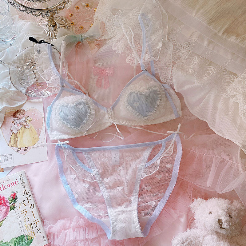 Sofyee  Japanese Sweet And Sexy Love Mesh Lace No Steel Ring Triangle Cup Bra Set