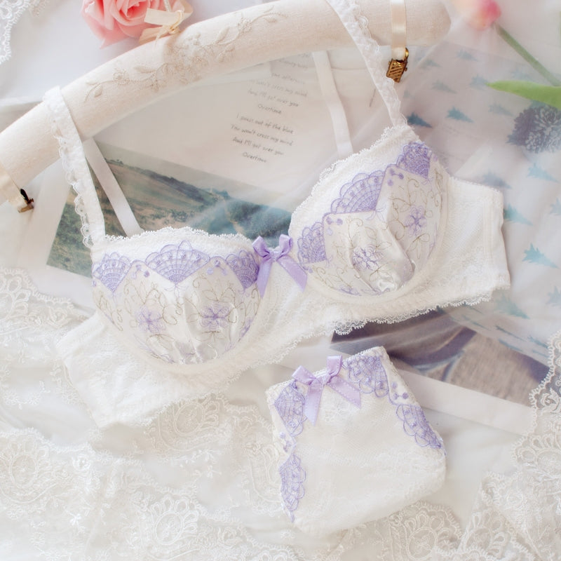 Japanese Dot Flower White Lace Wirefree Cute Sweet Bras And Panty