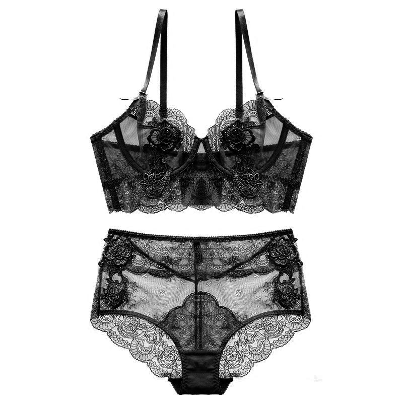 Flower Embroidered Unlined Longline Lace Demi Bra With Free Panty