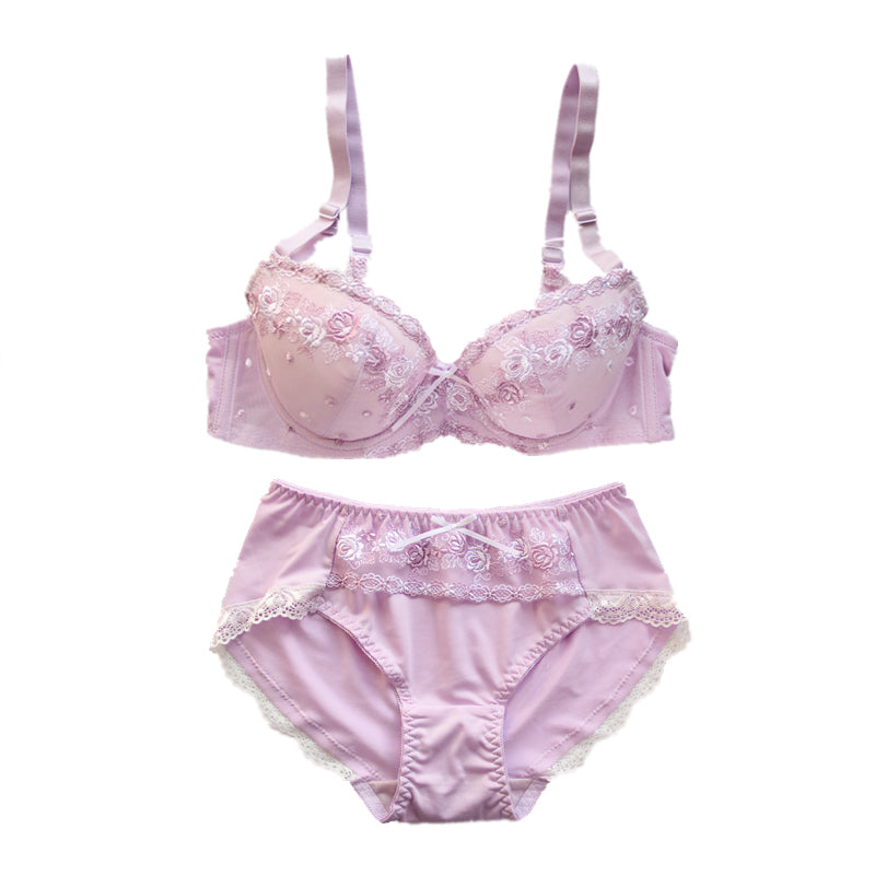 Just Love You Purple Candy Color Floral Japanese Cute Sweet Bras And Panty Set