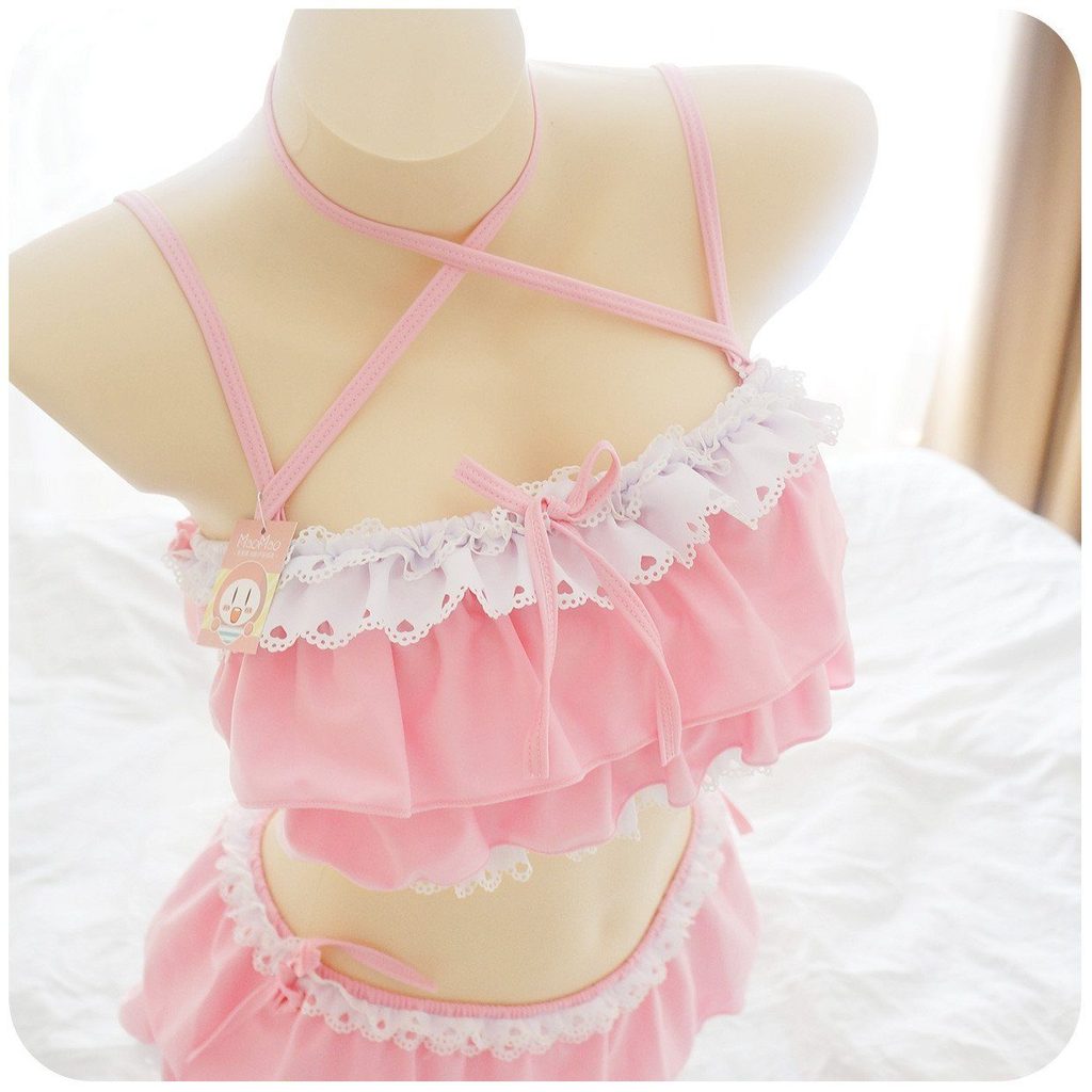Japanese Cute Ruffle Pink Flower Swimsuit