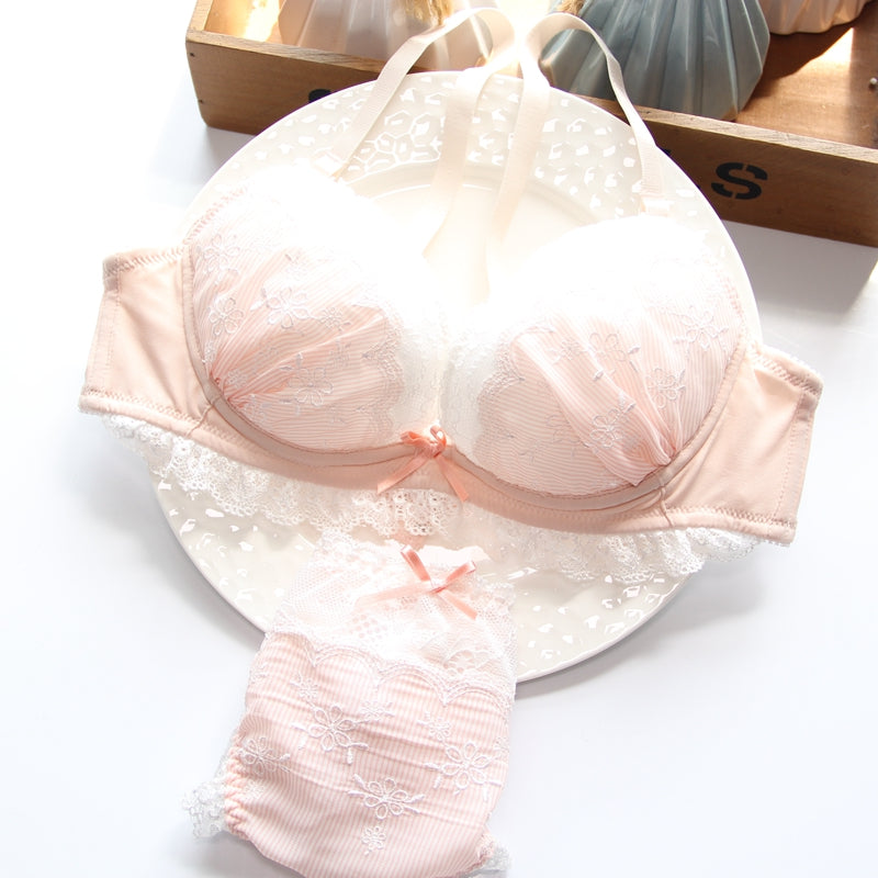 Just Love You Pink Candy Color Floral Japanese Cute Sweet Bras And Panty Set