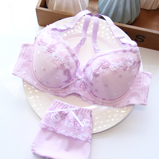 Just Love You Purple Candy Color Floral Japanese Cute Sweet Bras And Panty Set