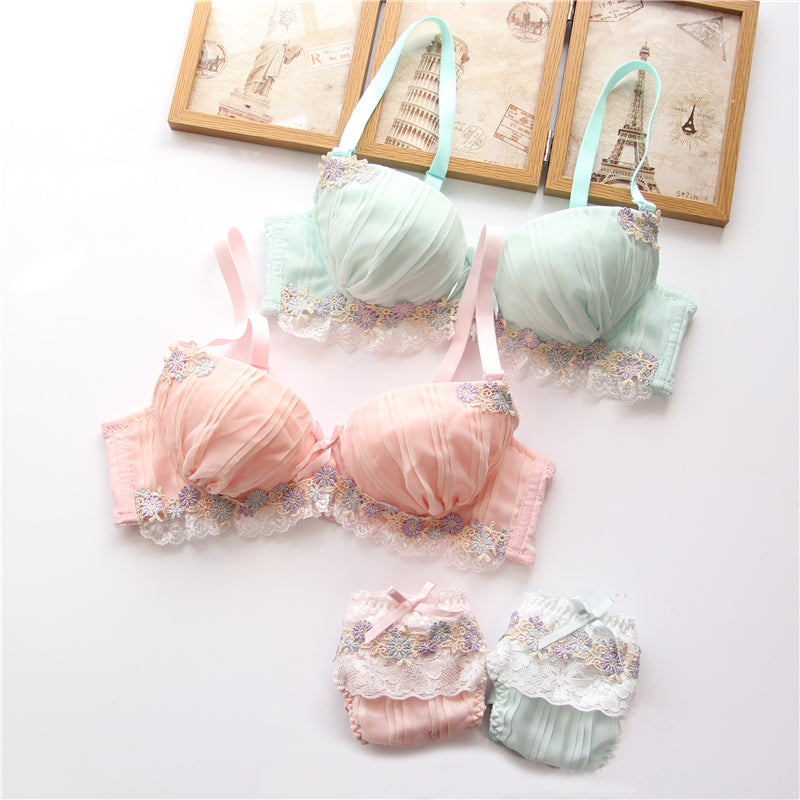 Green & Pink Candy Color Floral Japanese Cute Sweet Bras And Panty Set