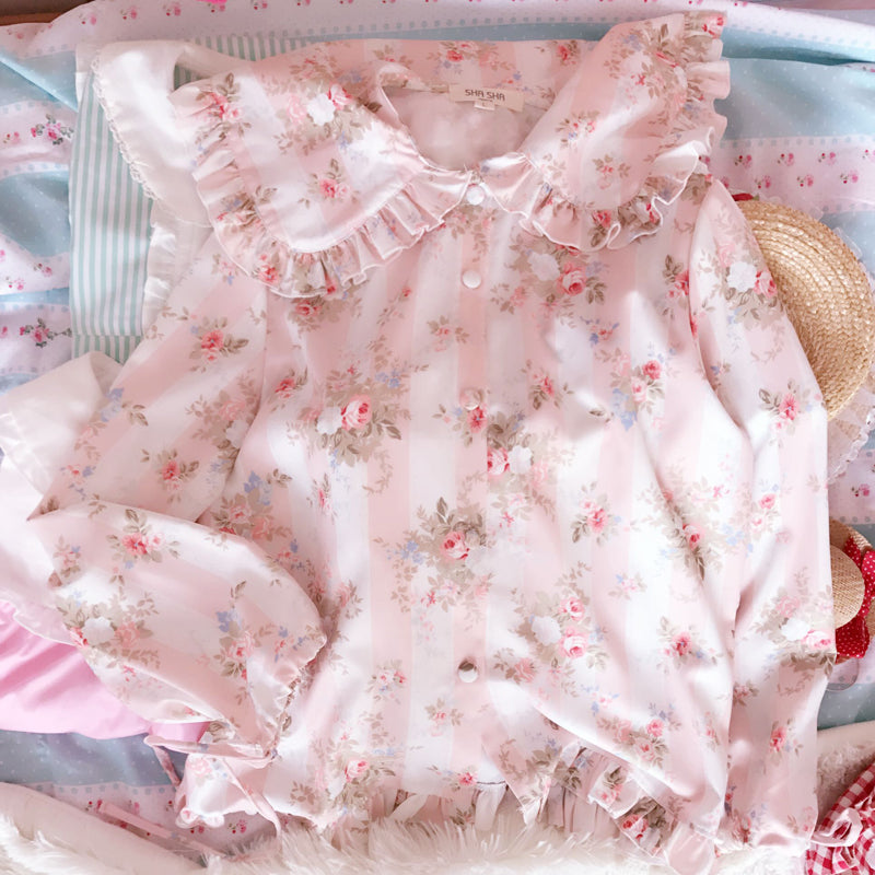 Spring Pink Flower Blooming Babydoll Collar Ruffle Aesthetic Shirt