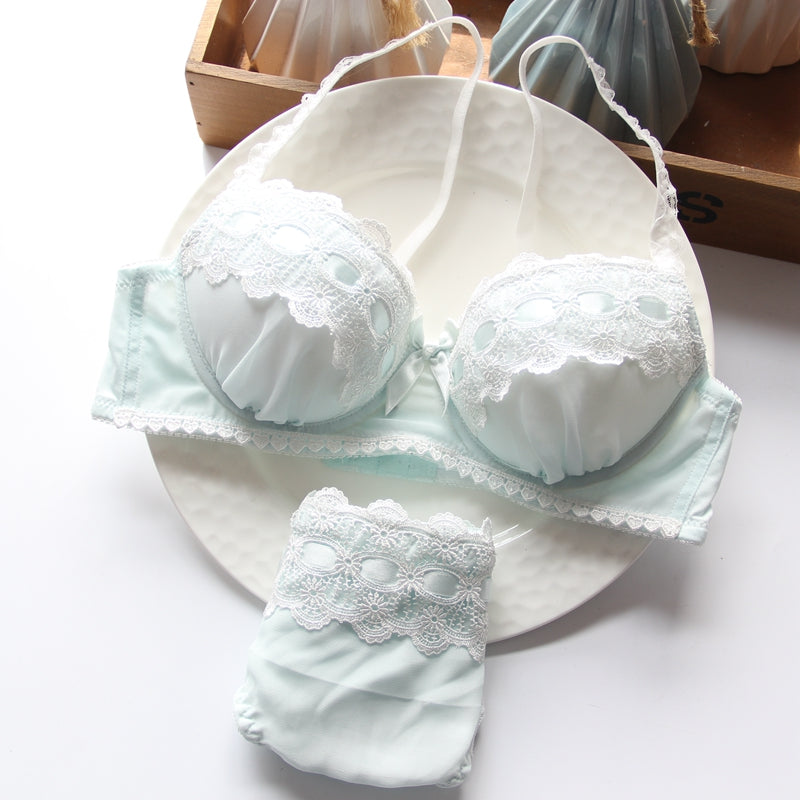 Japanese Dot Flower White Lace Wirefree Cute Sweet Bras And Panty Set