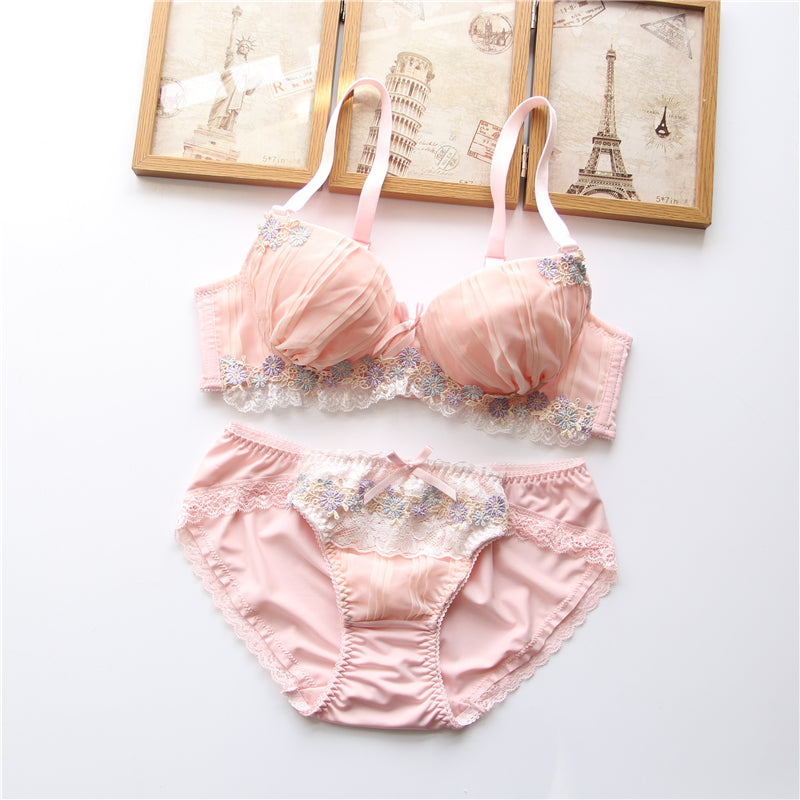 Green & Pink Candy Color Floral Japanese Cute Sweet Bras And Panty Set