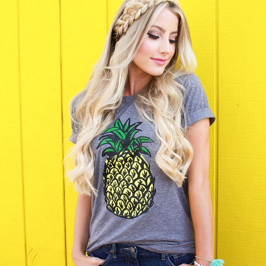 Hello Summer T-Shirt mit O-Ausschnitt und Ananas-Aufdruck