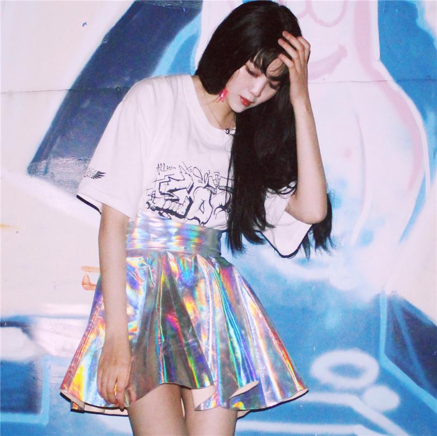 Ulzzang Vintage Harajuku Fluorescence Metal Silver Skirts 2018 Female Shiny Psychedelic Laser High Waist PU Puff Skirts