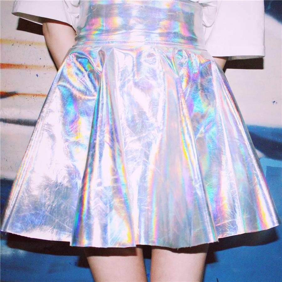 Ulzzang Vintage Harajuku Fluorescence Metal Silver Skirts 2018 Female Shiny Psychedelic Laser High Waist PU Puff Skirts