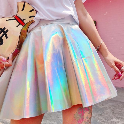 Pleated Skirts Women PU Solid Harajuku Casual Sexy Laser Hight Waist Mini Short Skirts Women Rainbow