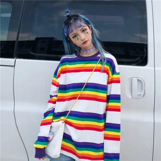 Ästhetisches koreanisches Ulzzang Harajuku Regenbogen gestreiftes Hemd 