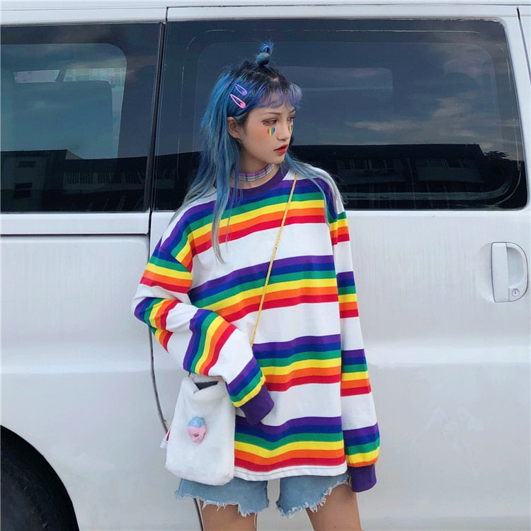 Aesthetic Korean Ulzzang Harajuku Rainbow Striped Shirt