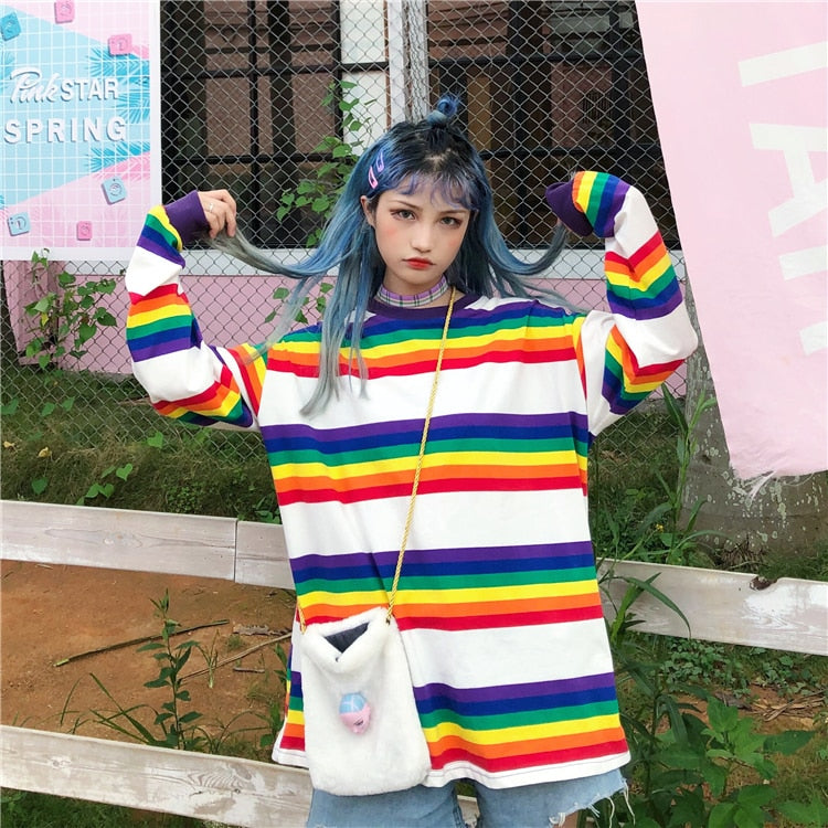 Chemise à rayures arc-en-ciel esthétique coréenne Ulzzang Harajuku 