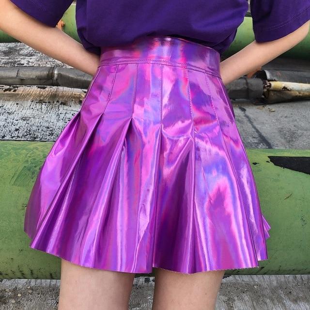 Pleated Skirts Women PU Solid Harajuku Casual Sexy Laser Hight Waist Mini Short Skirt
