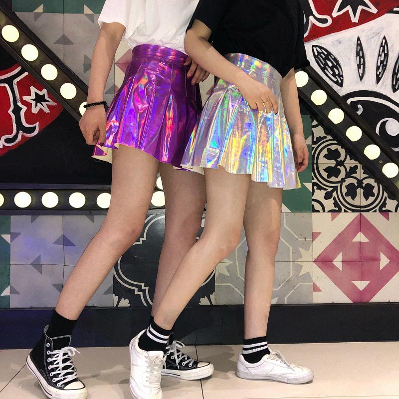 Pleated Skirts Women PU Solid Harajuku Casual Sexy Laser Hight Waist Mini Short Skirt
