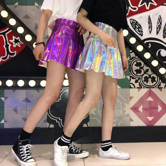 Plissee Röcke Frauen PU Solide Harajuku Casual Sexy Laser Hight Taille Mini Kurzen Rock