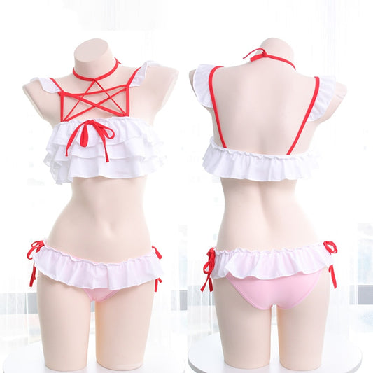 Kawaii Mädchen Hexagramm Krawatte Rüschenbesatz Bademode Badeanzug Sukumizu Süßes Bikini-Set Farbe Rosa &amp; Weiß Patchwork 