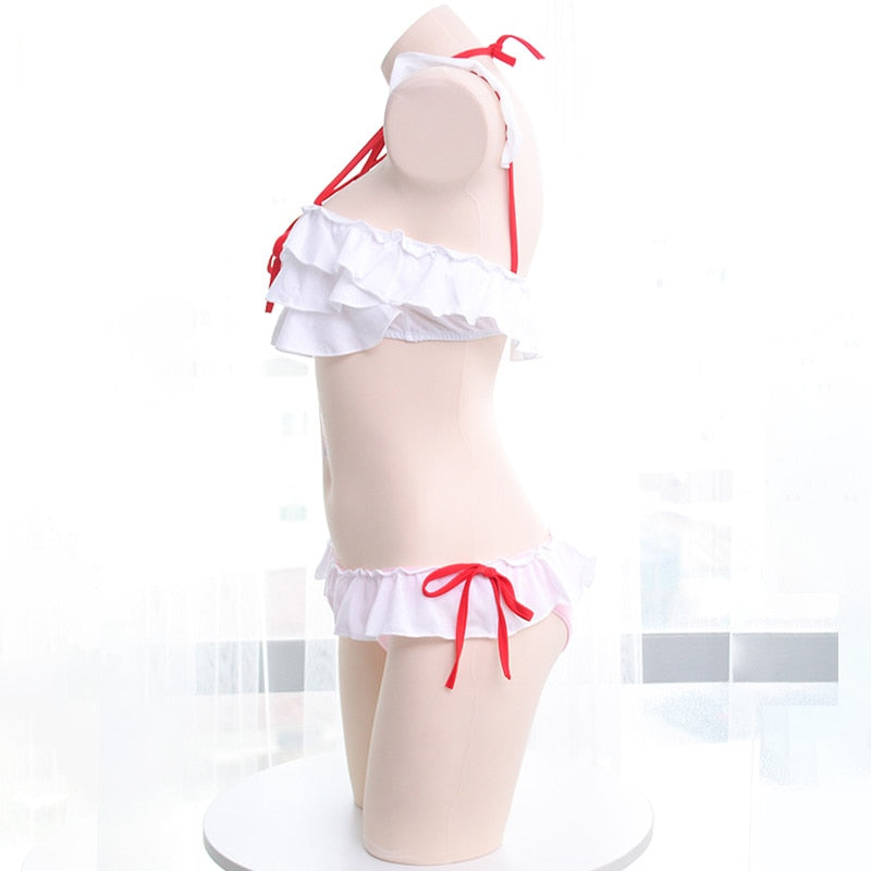 Kawaii filles hexagramme cravate volants garniture maillots de bain maillot de bain Sukumizu mignon Bikini ensemble couleur rose et blanc Patchwork 