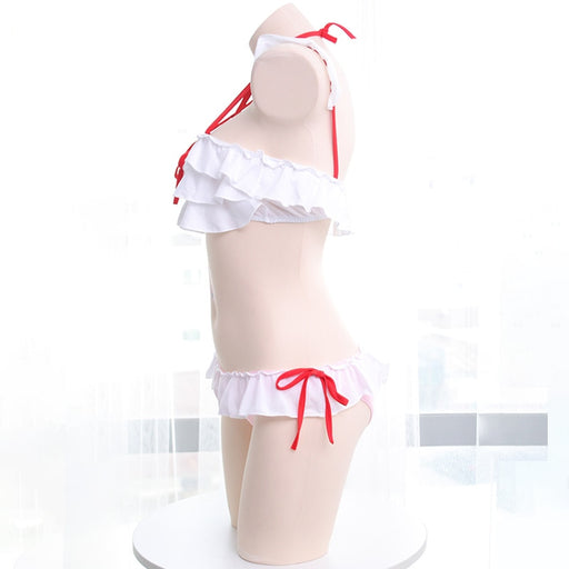 Kawaii Girls Hexagram Tie Ruffles Trim Swimwear Swimsuit Sukumizu Cute Bikini Set Color Pink & White Patchwork