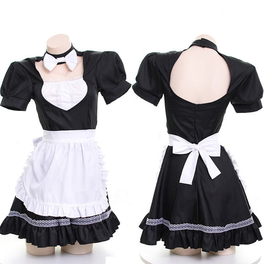 Sexy Kawaii Anime Cute Bow Neck Backless Maid Dress Cosplay Set Headband & Dress & Apron & Cuff 4PCS Set