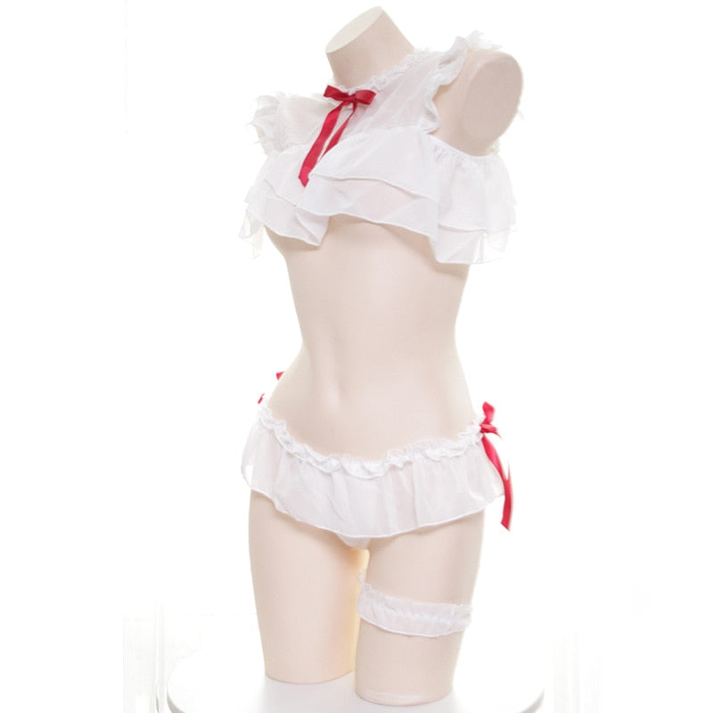 Japanese School Girl Red Ribbon Chiffon Sexy Kawaii Ruffle Anime Sheer Lingerie Set