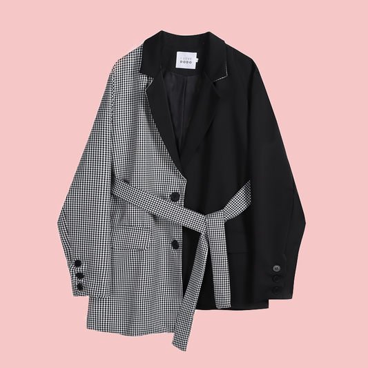 Grid stitching niche design irregular lace-up suit jacket